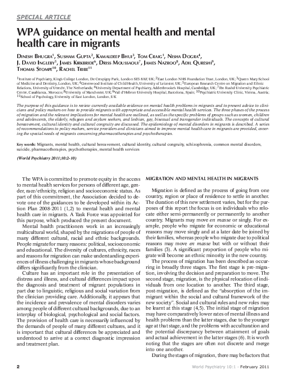 (PDF) WPA guidance on mental health and mental health care in migrants