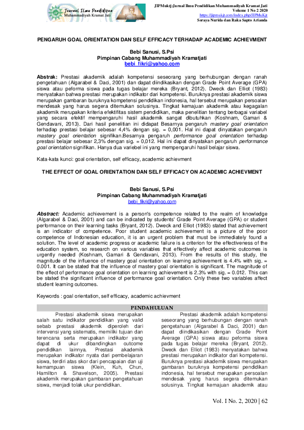 (PDF) The Effect of Goal Orientation Dan Self Efficacy on Academic ...