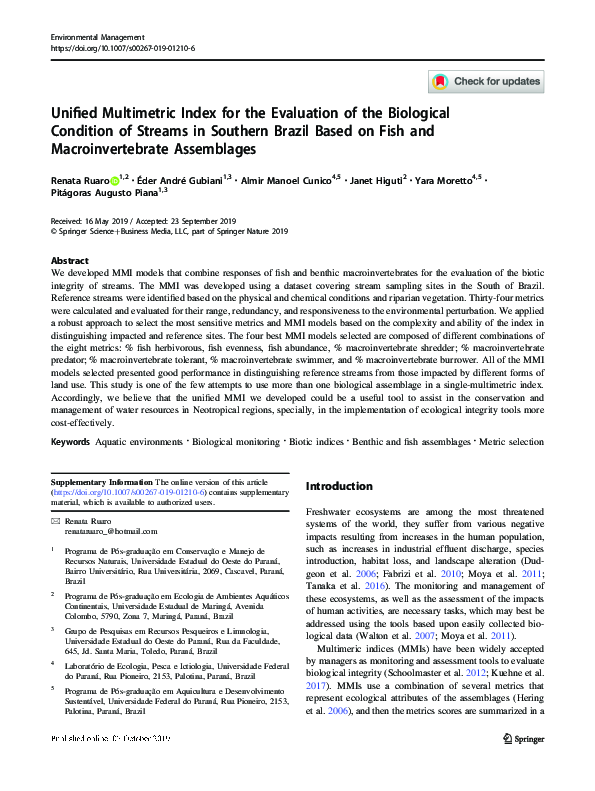 (PDF) Unified Multimetric Index for the Evaluation of the Biological ...