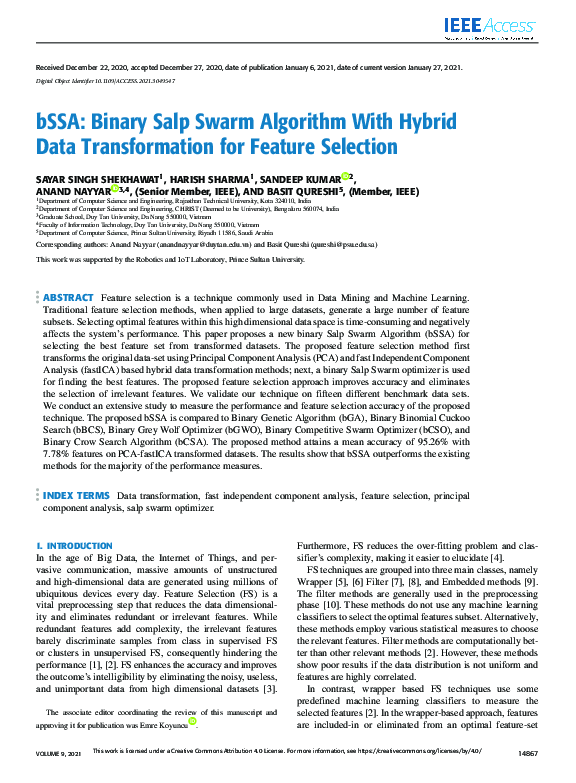 (PDF) bSSA: Binary Salp Swarm Algorithm With Hybrid Data Transformation ...