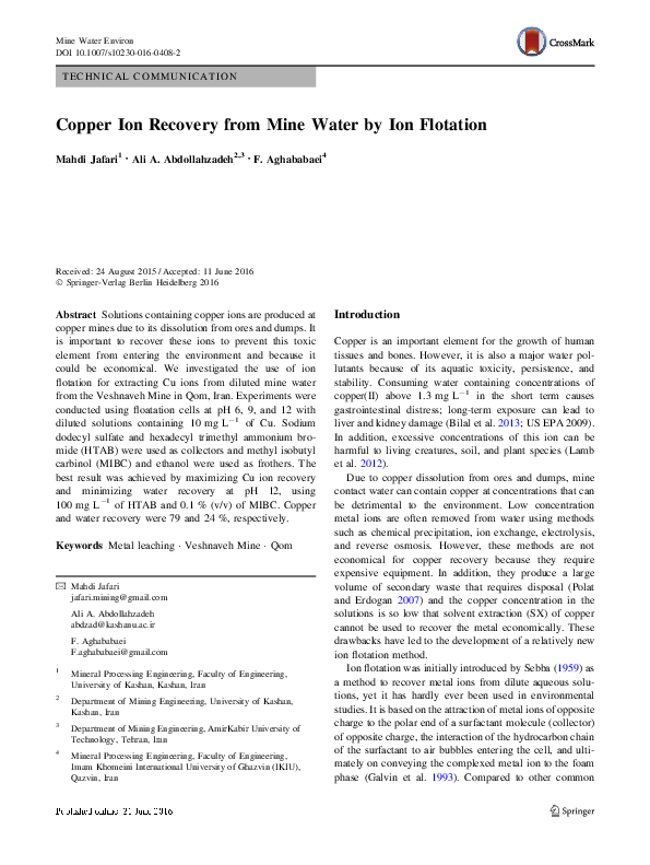 (PDF) Copper Ion Recovery from Mine Water by Ion Flotation