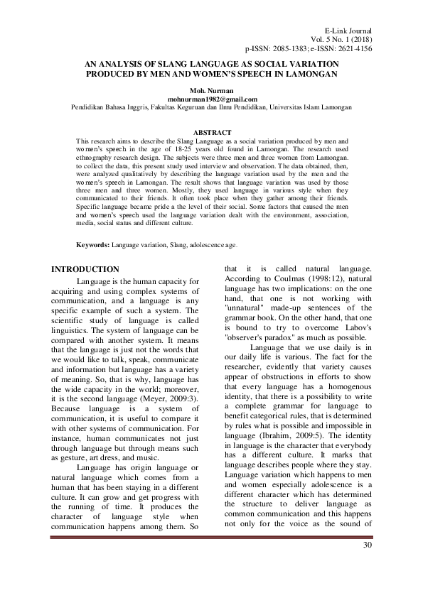 (PDF) An Analysis of Slang Language as Social Variation Produced by Men ...