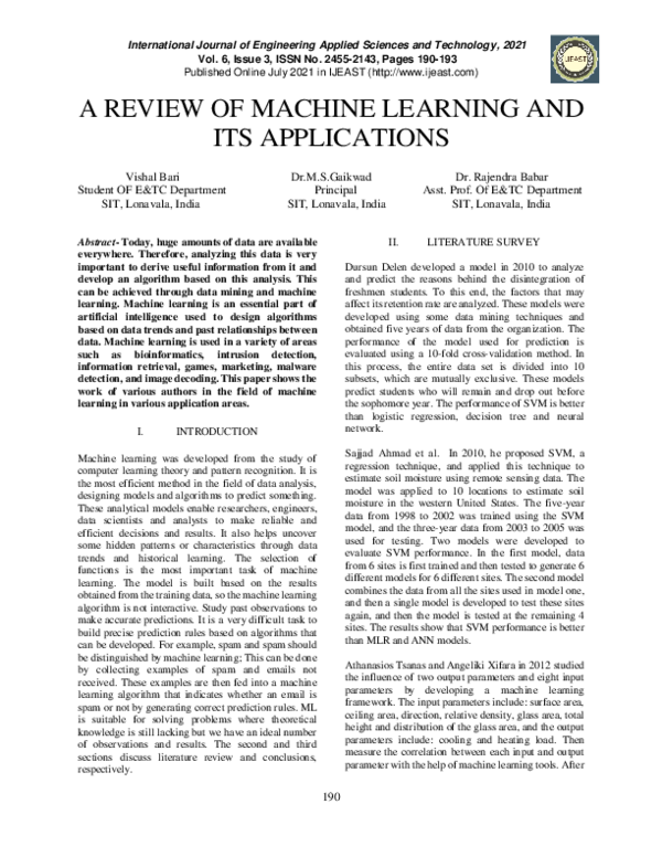 (PDF) A Review of Machine Learning and Its Applications