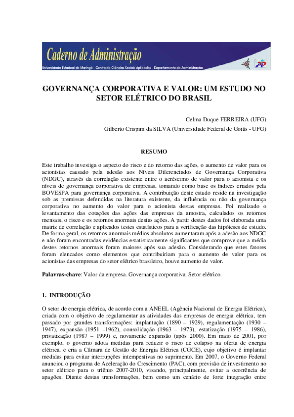(PDF) Governança Corporativa e Valor: Um Estudo No Setor Elétrico Do Brasil