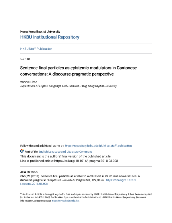 (PDF) Sentence final particles as epistemic modulators in Cantonese ...