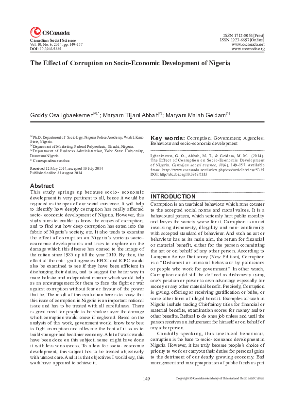 (PDF) The Effect of Corruption on Socio-Economic Development of Nigeria
