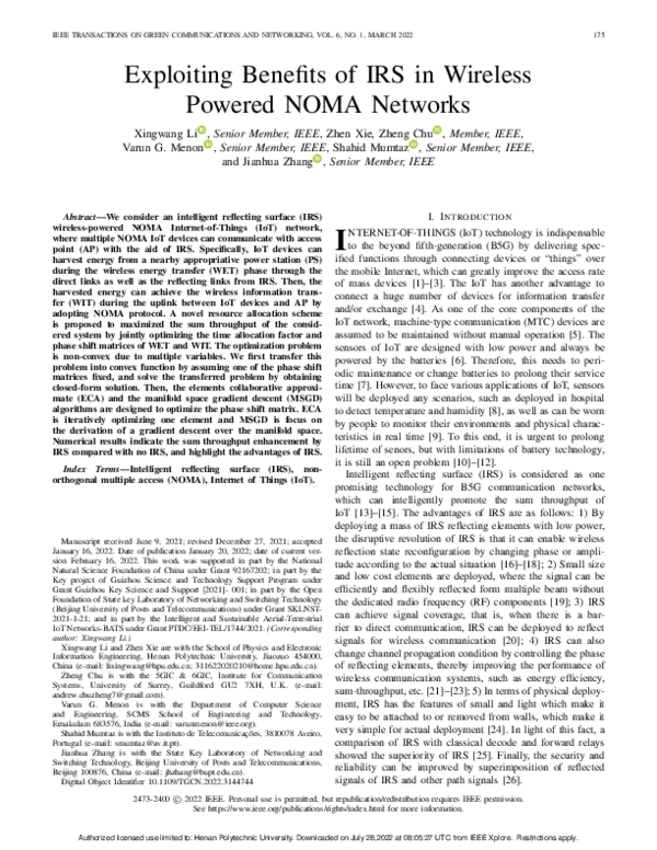 (PDF) Exploiting Benefits of IRS in Wireless Powered NOMA Networks