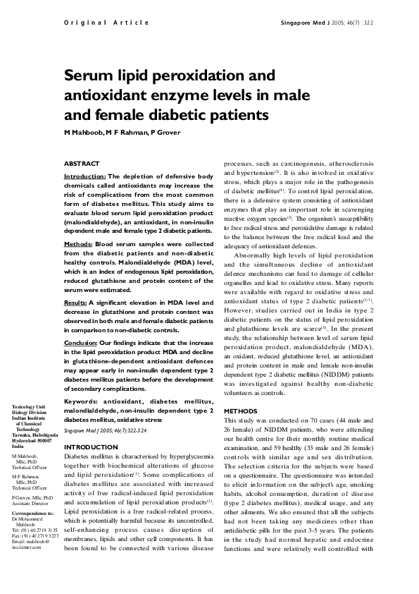 (PDF) Serum lipid peroxidation and antioxidant enzyme levels in male ...