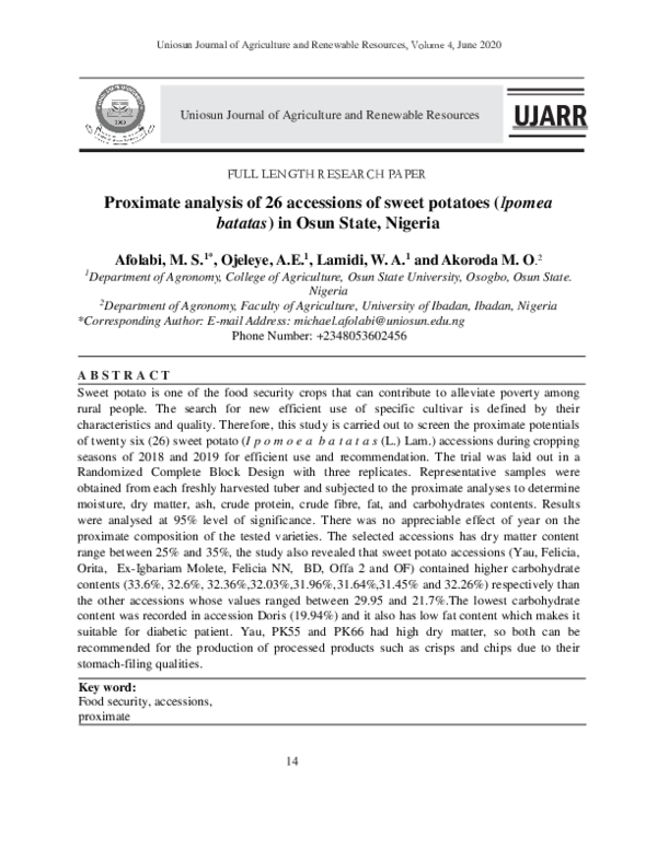 (PDF) Proximate analysis of 26 accessions of sweet potatoes (Ipomea ...