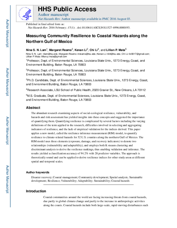 (PDF) Measuring Community Resilience to Coastal Hazards along the ...