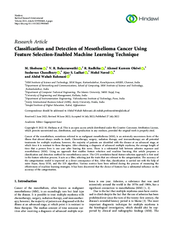 (PDF) Classification and Detection of Mesothelioma Cancer Using Feature ...