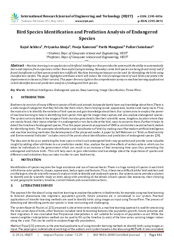 (PDF) Bird Species Identification and Prediction Analysis of Endangered ...