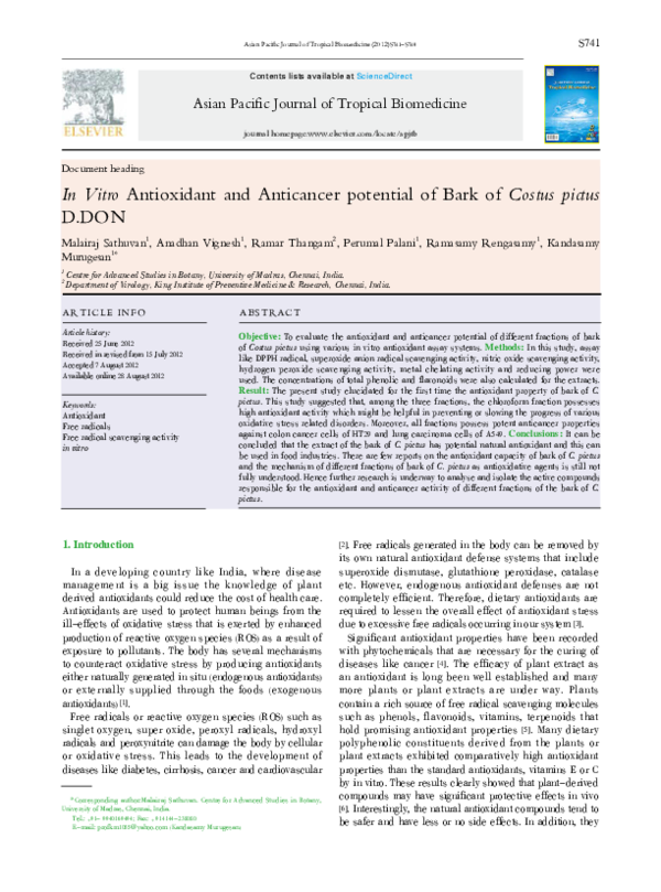 (PDF) In Vitro Antioxidant and Anticancer potential of Bark of Costus ...