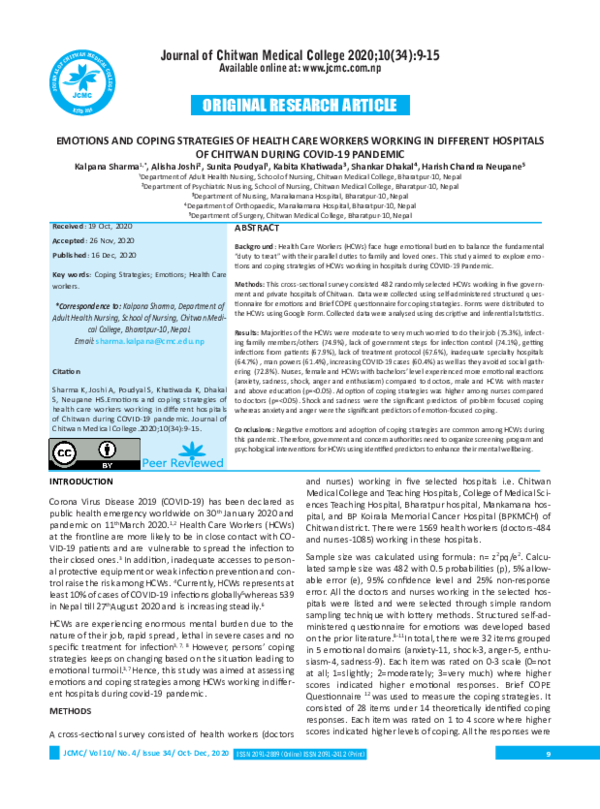 (PDF) Emotions and Coping Strategies of Health Care Workers Working in ...