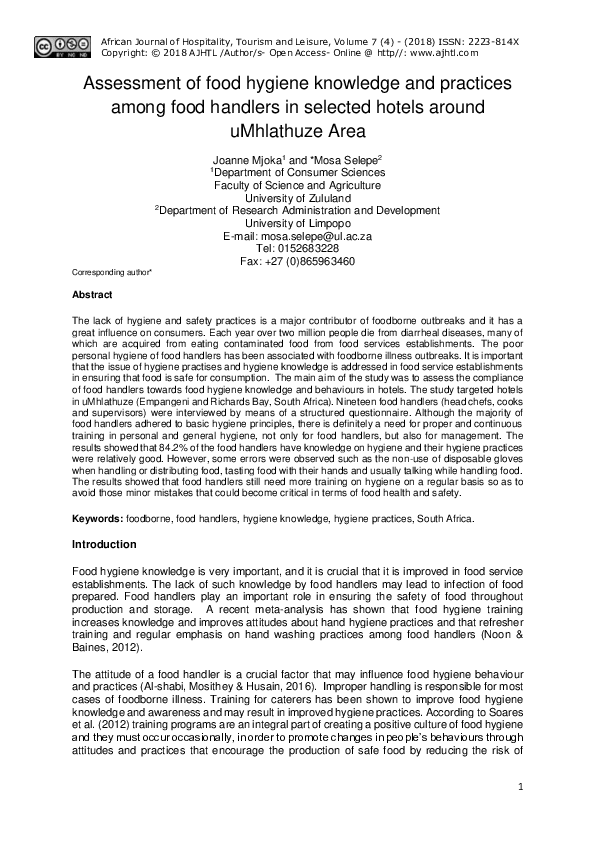 (PDF) Assessment of food hygiene knowledge and practices among food ...