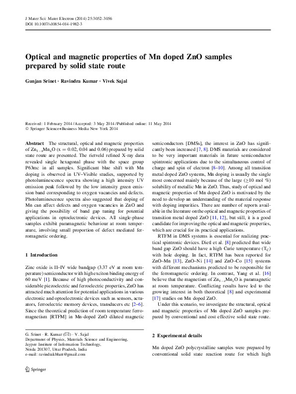 (PDF) Optical and magnetic properties of Mn doped ZnO thin films grown ...