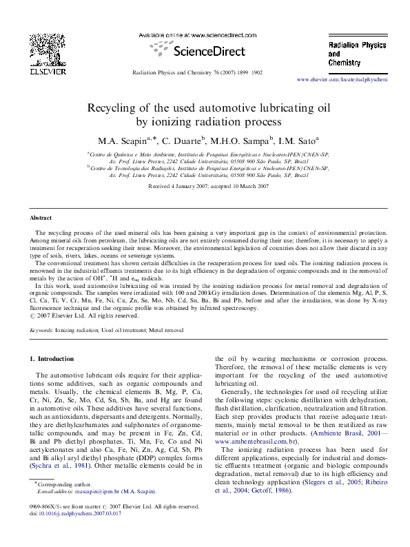 (PDF) Recycling of the used automotive lubricating oil by ionizing ...
