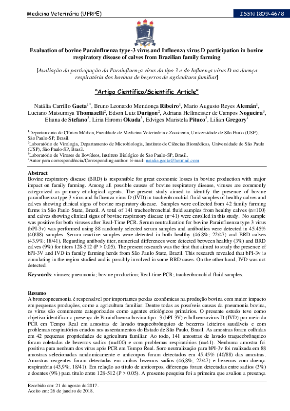 (PDF) Evaluation of bovine Parainfluenza type-3 virus and Influenza ...