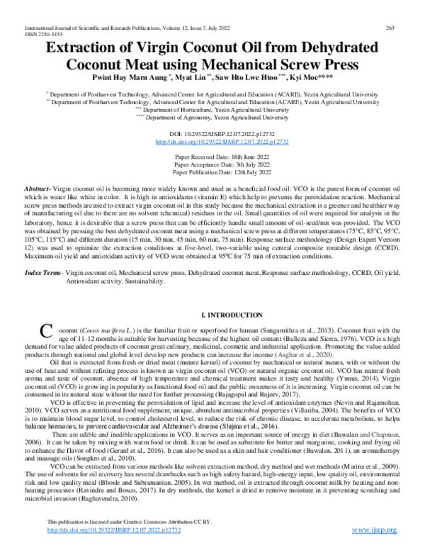 (PDF) Extraction of Virgin Coconut Oil from Dehydrated Coconut Meat ...