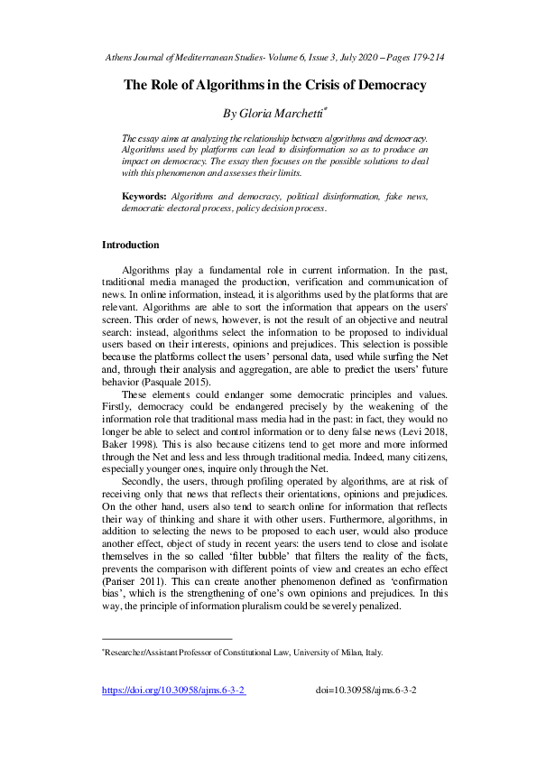 (PDF) The Role of Algorithms in the Crisis of Democracy