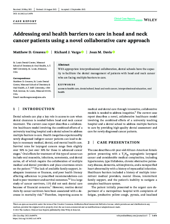 (PDF) Addressing oral health barriers to care in head and neck cancer ...