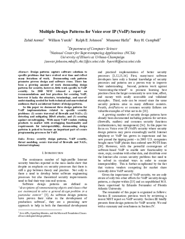 (PDF) Multiple Design Patterns for Voice over IP (VoIP) Security