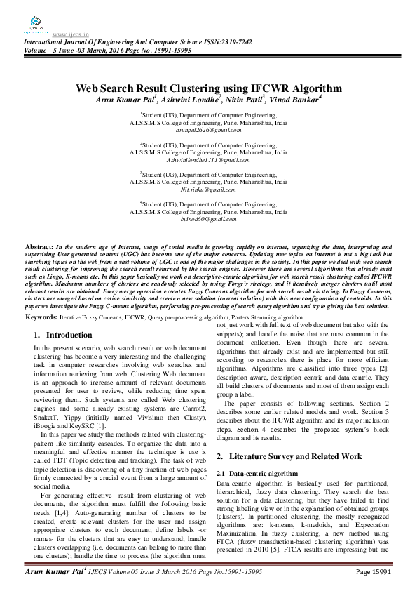 (PDF) Web Search Result Clustering using IFCWR Algorithm
