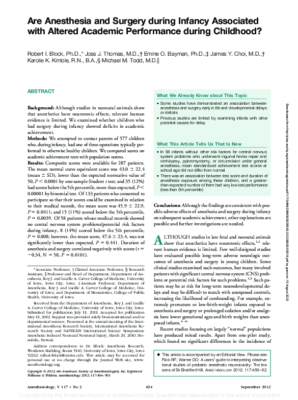 (PDF) Are Anesthesia and Surgery during Infancy Associated with Altered ...