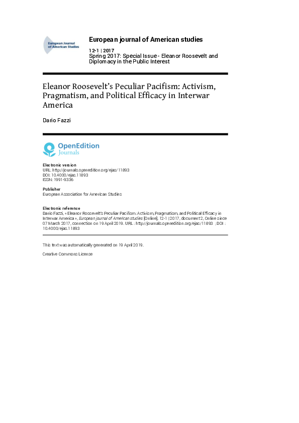 (PDF) Eleanor Roosevelt’s Peculiar Pacifism: Activism, Pragmatism, and ...