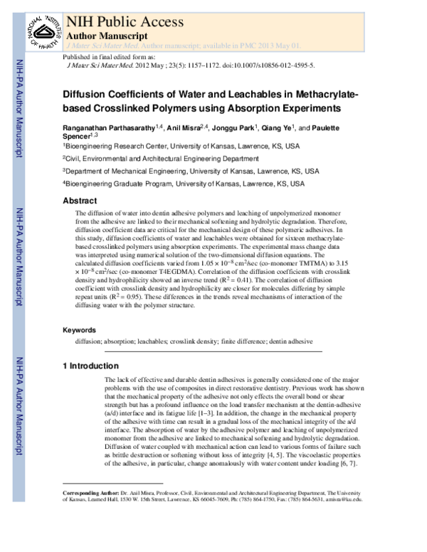 (PDF) Diffusion coefficients of water and leachables in methacrylate