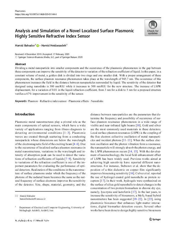 (PDF) Analysis and Simulation of a Novel Localized Surface Plasmonic ...