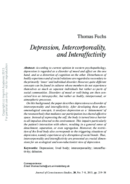 (PDF) Depression, Intercorporeality, and Interaffectivity