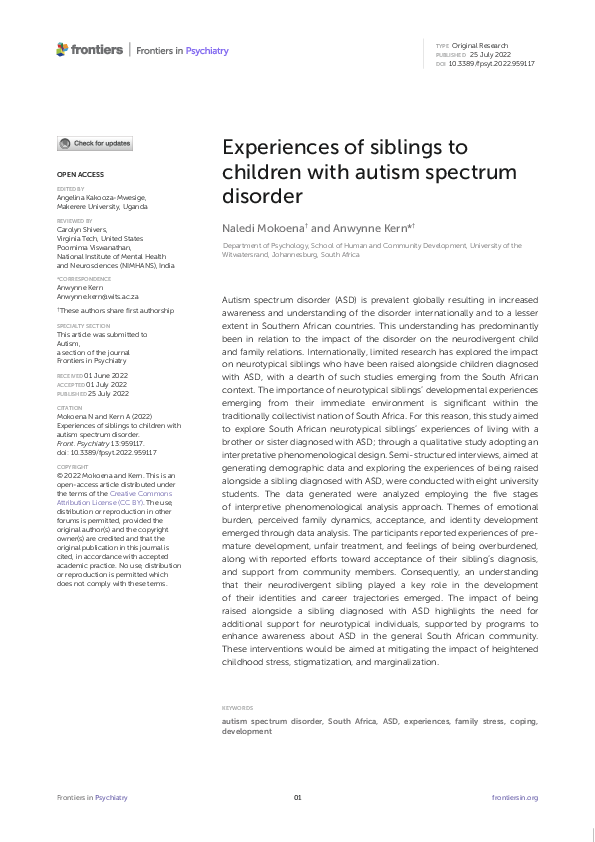 (PDF) Experiences of siblings to children with autism spectrum disorder