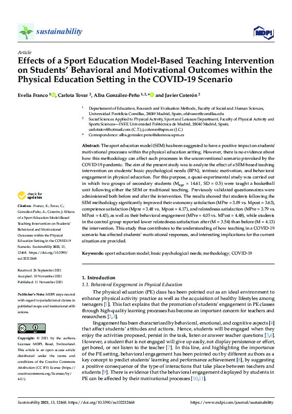 (PDF) Effects of a Sport Education Model-Based Teaching Intervention on ...