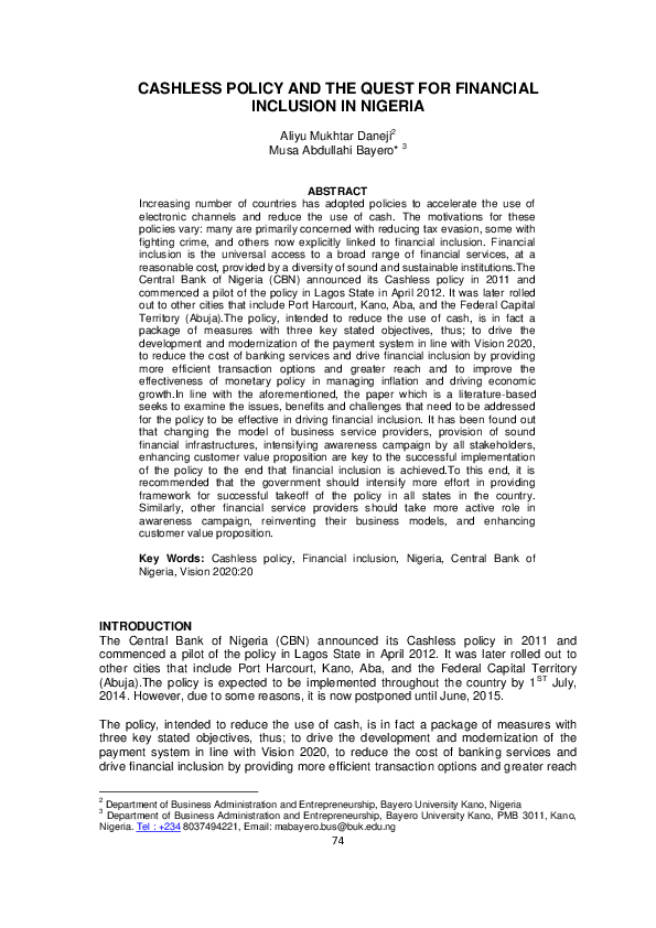 (PDF) Cashless policy and the quest for financial inclusion in Nigeria