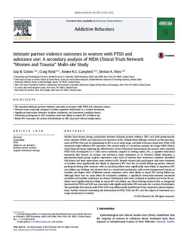 (PDF) Intimate partner violence outcomes in women with PTSD and ...
