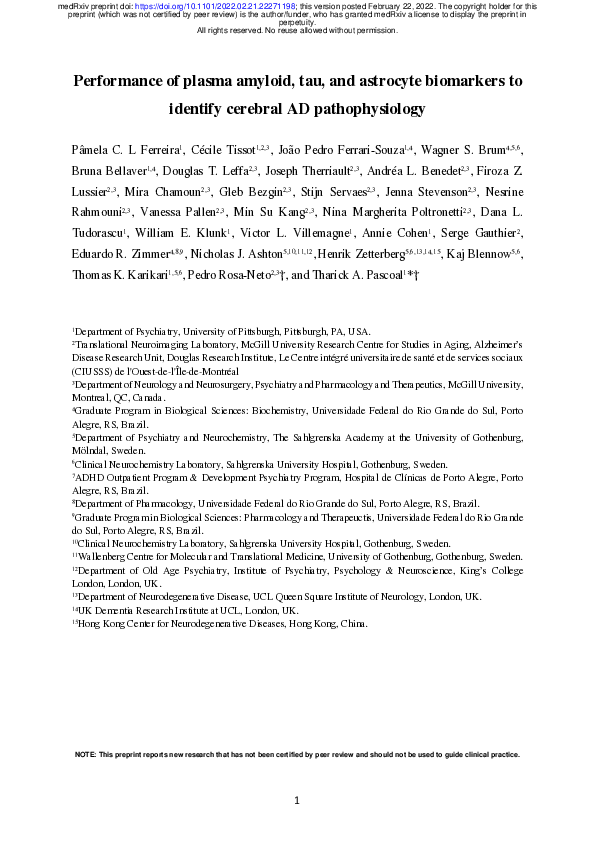 (PDF) Performance of plasma amyloid, tau, and astrocyte biomarkers to ...