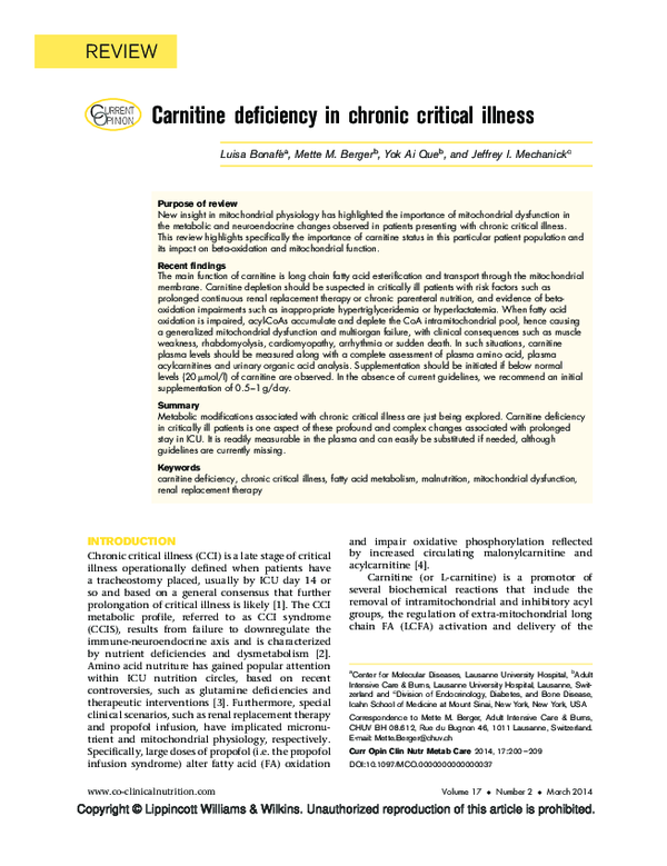 (PDF) Carnitine deficiency in chronic critical illness Mette Berger