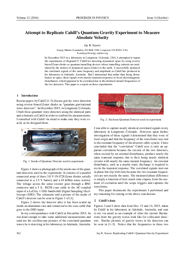 (PDF) Attempt to Replicate Cahill ’ s Quantum Gravity Experiment to