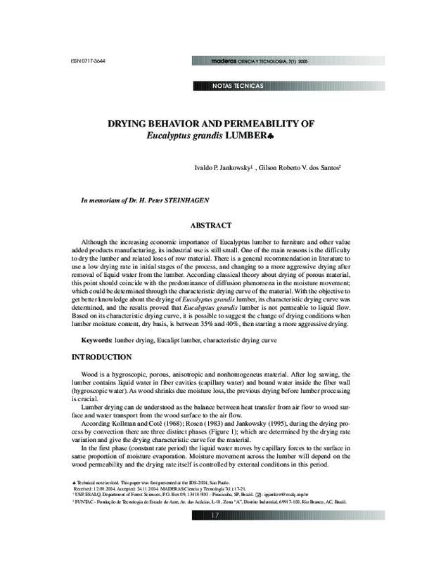 (PDF) DRYING BEHAVIOR AND PERMEABILITY OF Eucalyptus grandis LUMBER