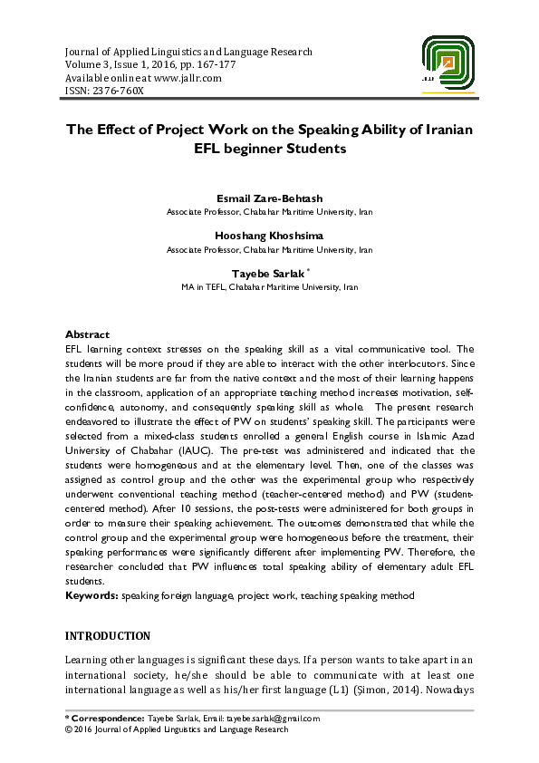 (PDF) The Effect of Project Work on the Speaking Ability of Iranian EFL ...