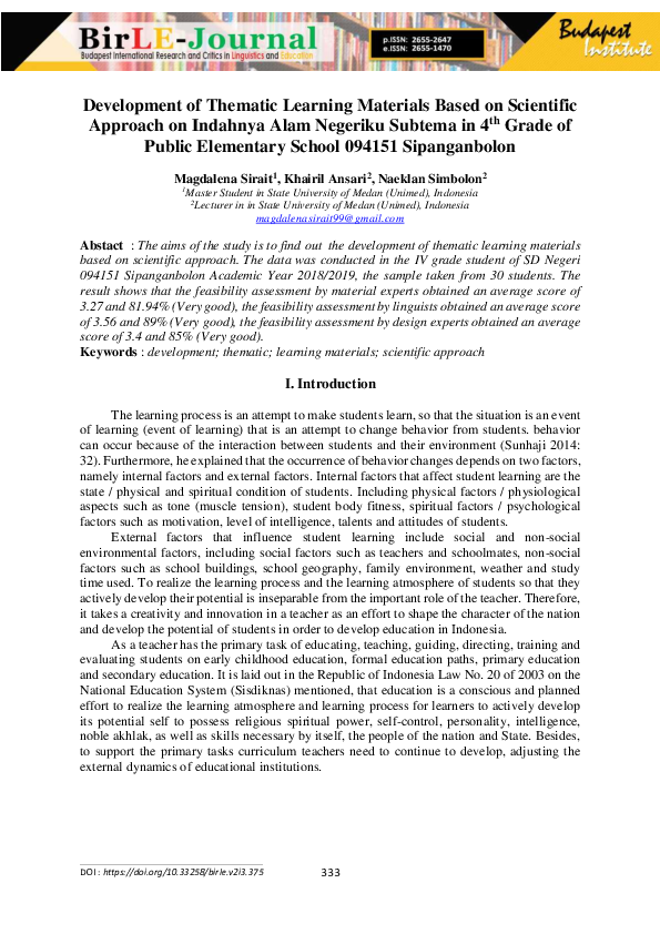 (PDF) Development of Thematic Learning Materials Based on Scientific ...