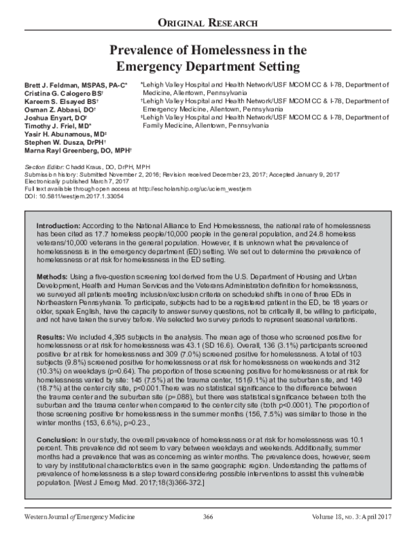 (PDF) Prevalence of Homelessness in the Emergency Department Setting