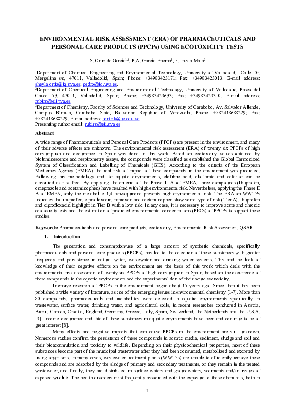 (PDF) ENVIRONMENTAL RISK ASSESSMENT ( ERA ) OF PHARMACEUTICALS AND ...