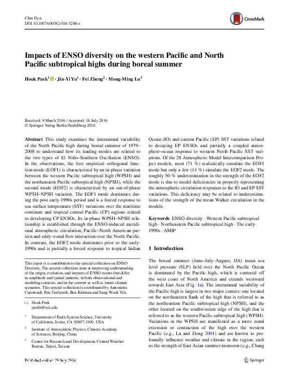 (PDF) Impacts of ENSO diversity on the western Pacific and North ...