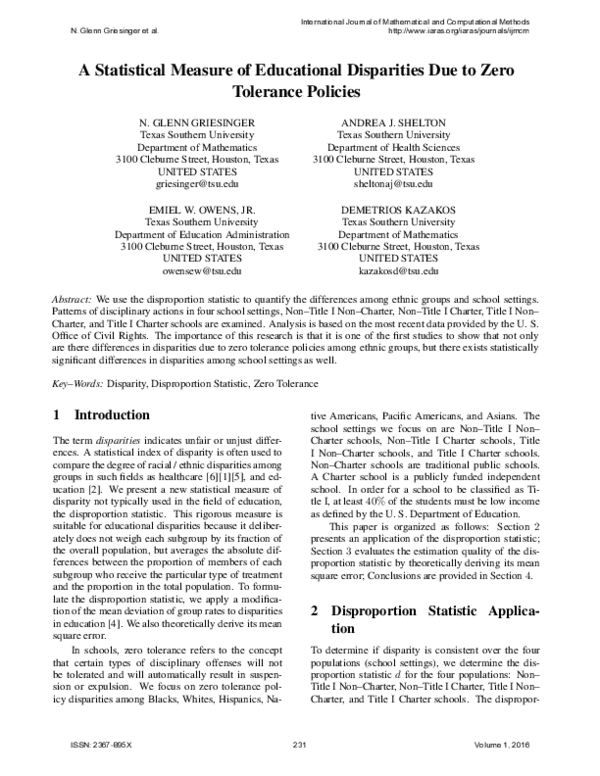 (PDF) A Statistical Measure of Educational Disparities Due to Zero ...