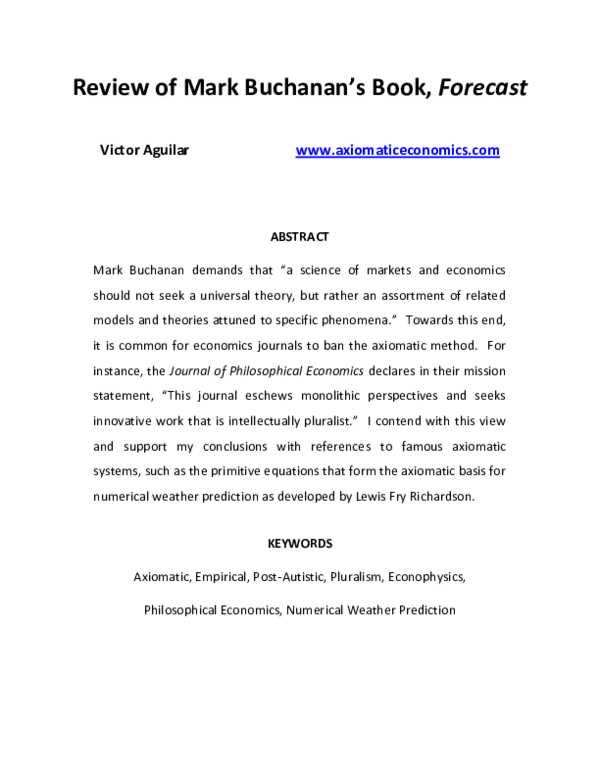(PDF) Review of Mark Buchanan's Book, Forecast VICTOR MAURICIO CUTI