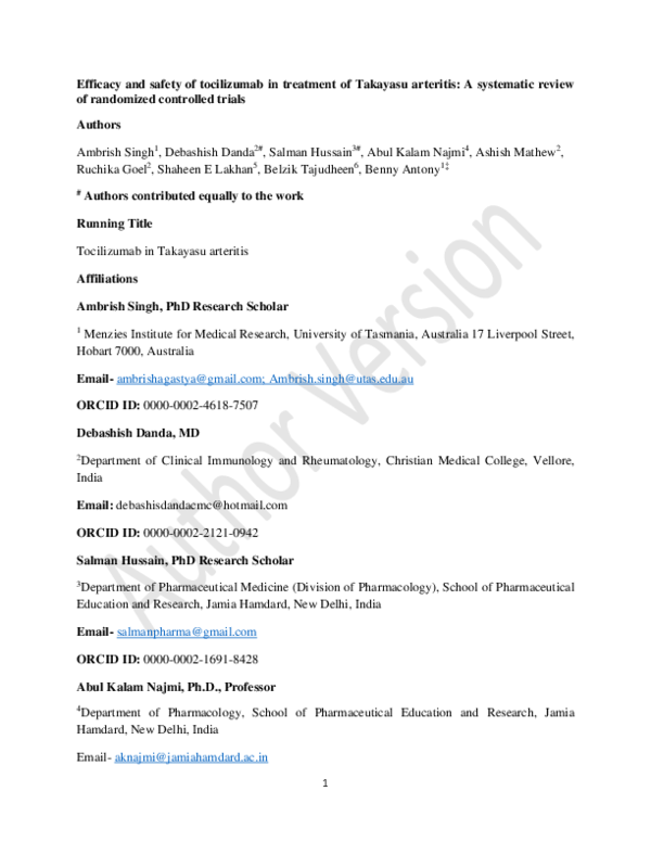(PDF) Efficacy and safety of tocilizumab in treatment of Takayasu ...