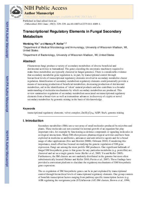 (PDF) Transcriptional regulatory elements in fungal secondary metabolism