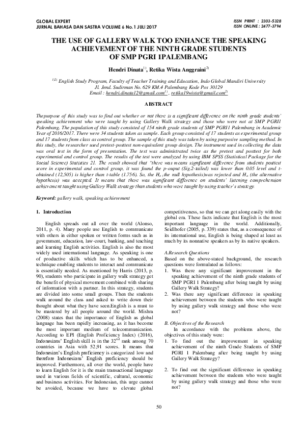 (PDF) The Use of Gallery Walk Too Enhance the Speaking Achievement of ...